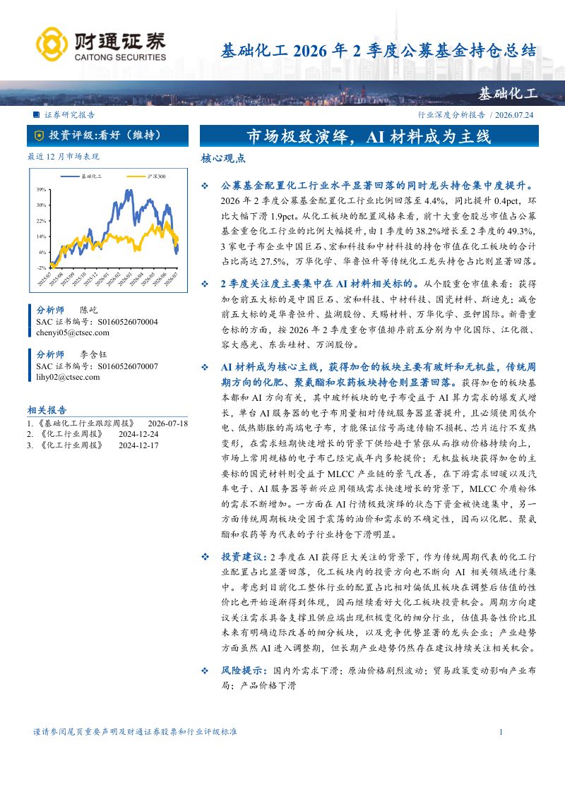 基础化工2026年2季度公募基金持仓总结