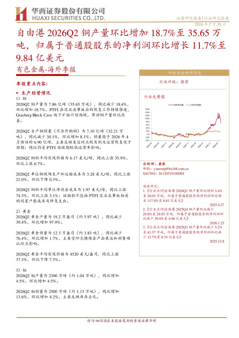 自由港2026Q2铜产量环比增加18.7%至35.65万吨，归属于普通股股东的净利润环比增长11.7%至9.84亿美元