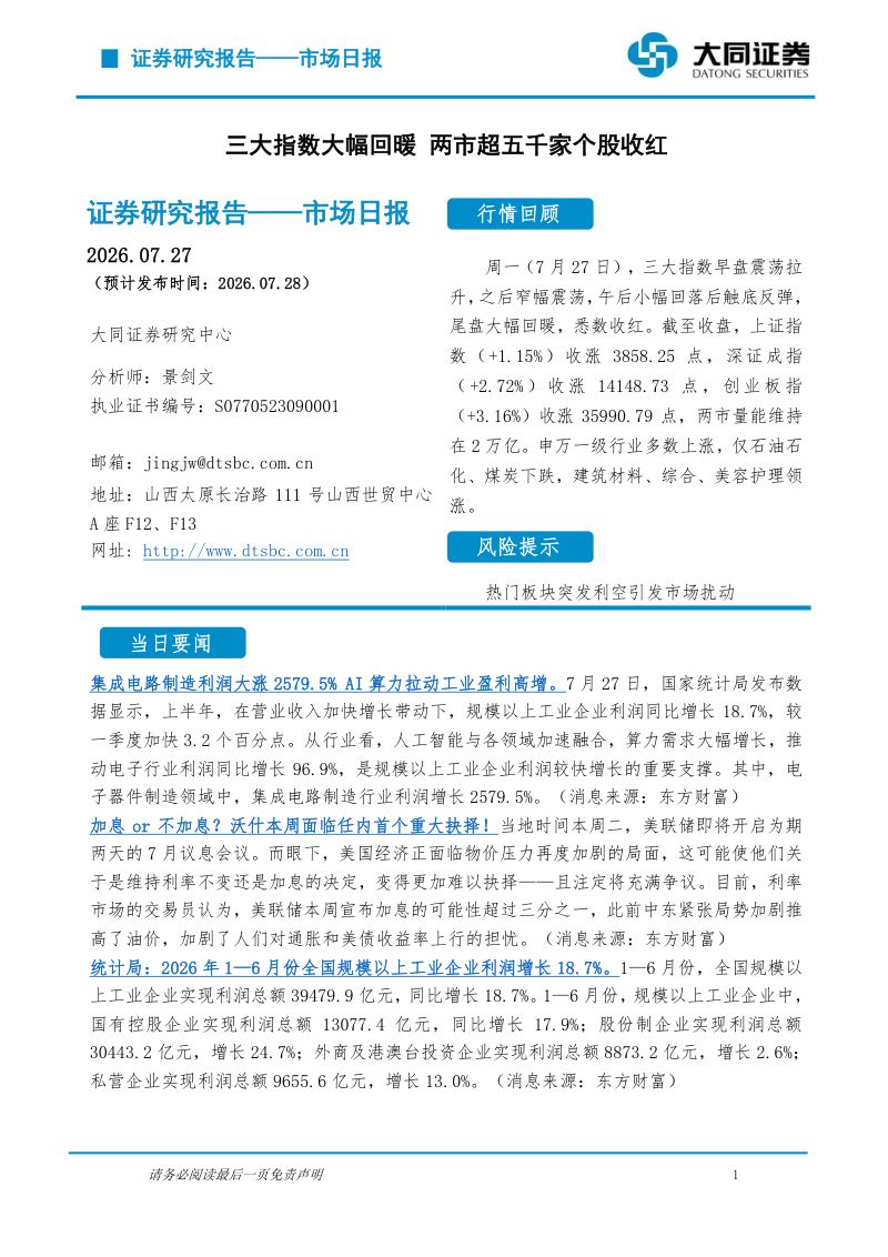 三大指数大幅回暖，两市超五千家个股收红