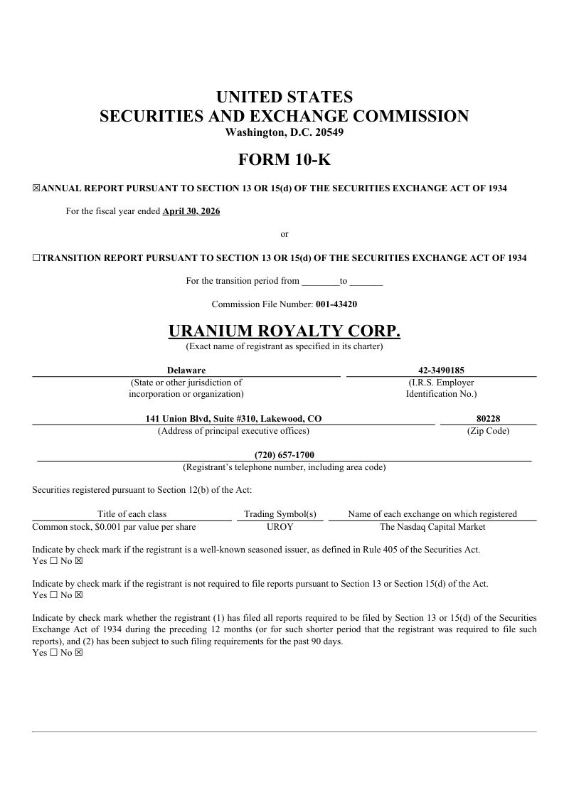 Uranium Royalty Corp 2025年度报告