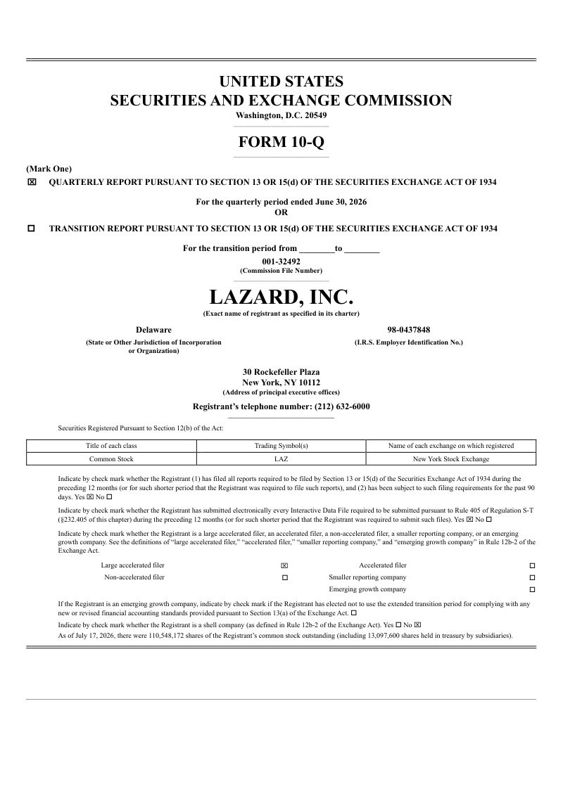 Lazard Inc 2026年季度报告