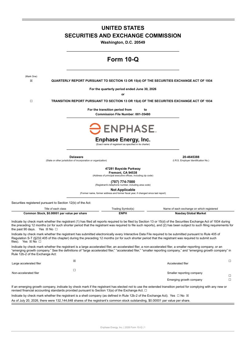 Enphase Energy 2026年季度报告
