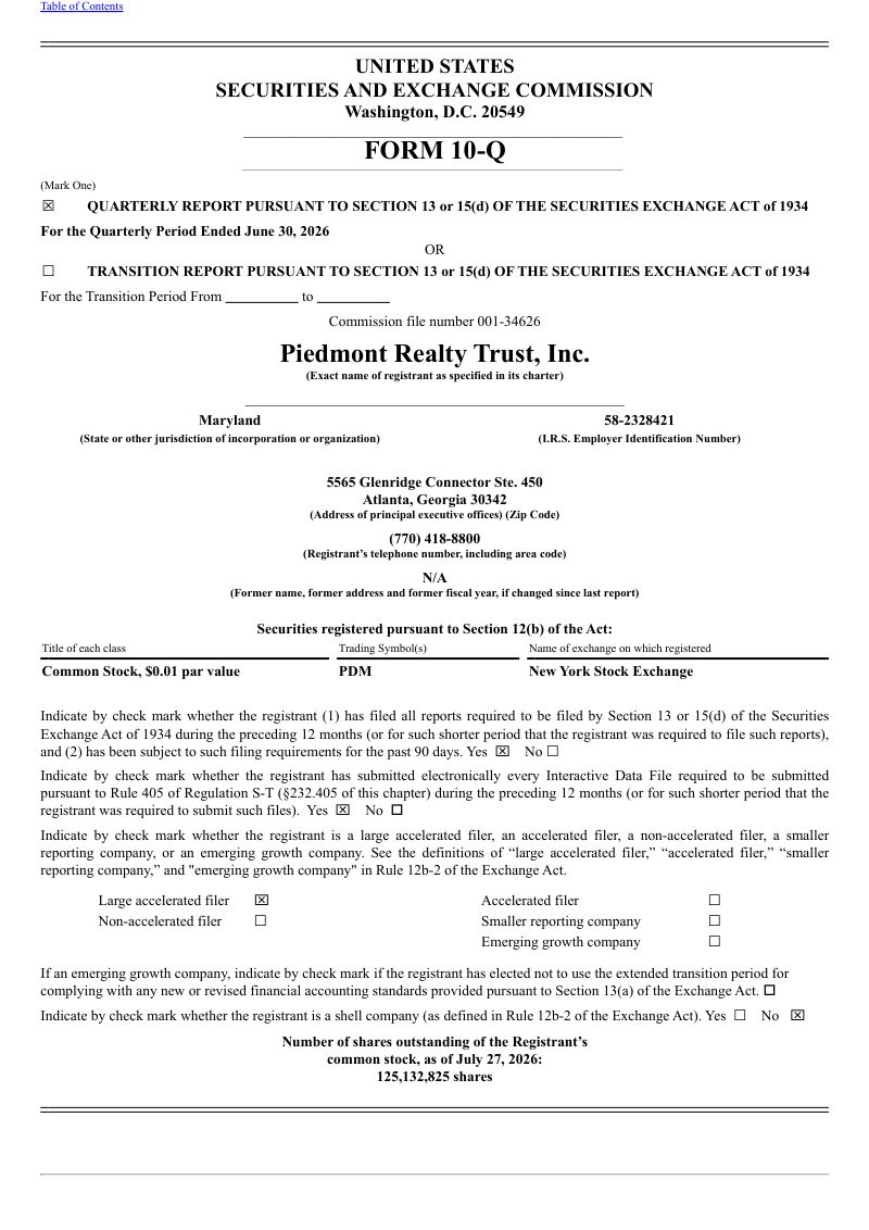 Piedmont Realty Trust Inc 2026年季度报告