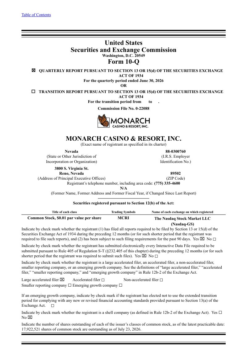 Monarch Casino & Resort Inc 2026年季度报告