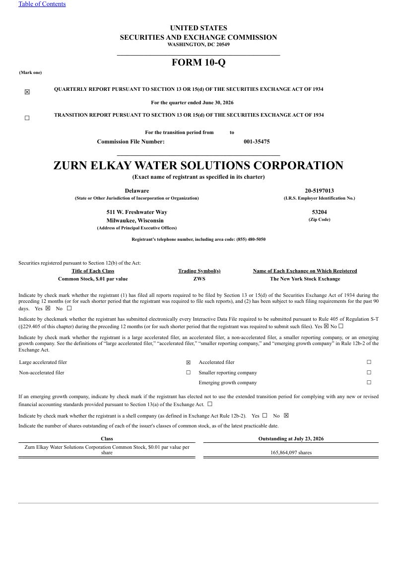 Zurn Elkay 水解决方案公司 2026年季度报告