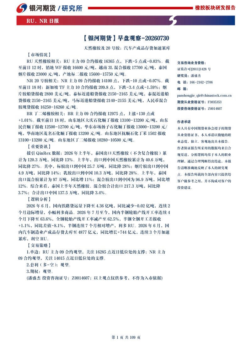早盘观察：天然橡胶及20号胶，汽车产成品存货加速累库
