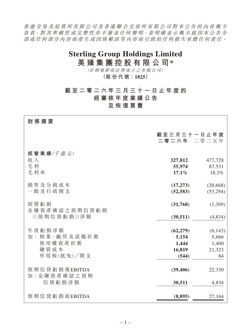 STERLING GP-NEW：截至二零二六年三月三十一日止年度的经审核年度业绩公告及恢复买卖