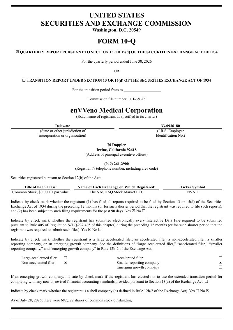 enVVeno Medical Corp 2026年季度报告