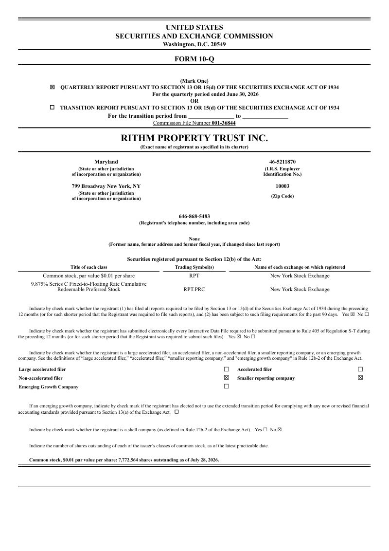 Rithm Property Trust Inc 2026年季度报告