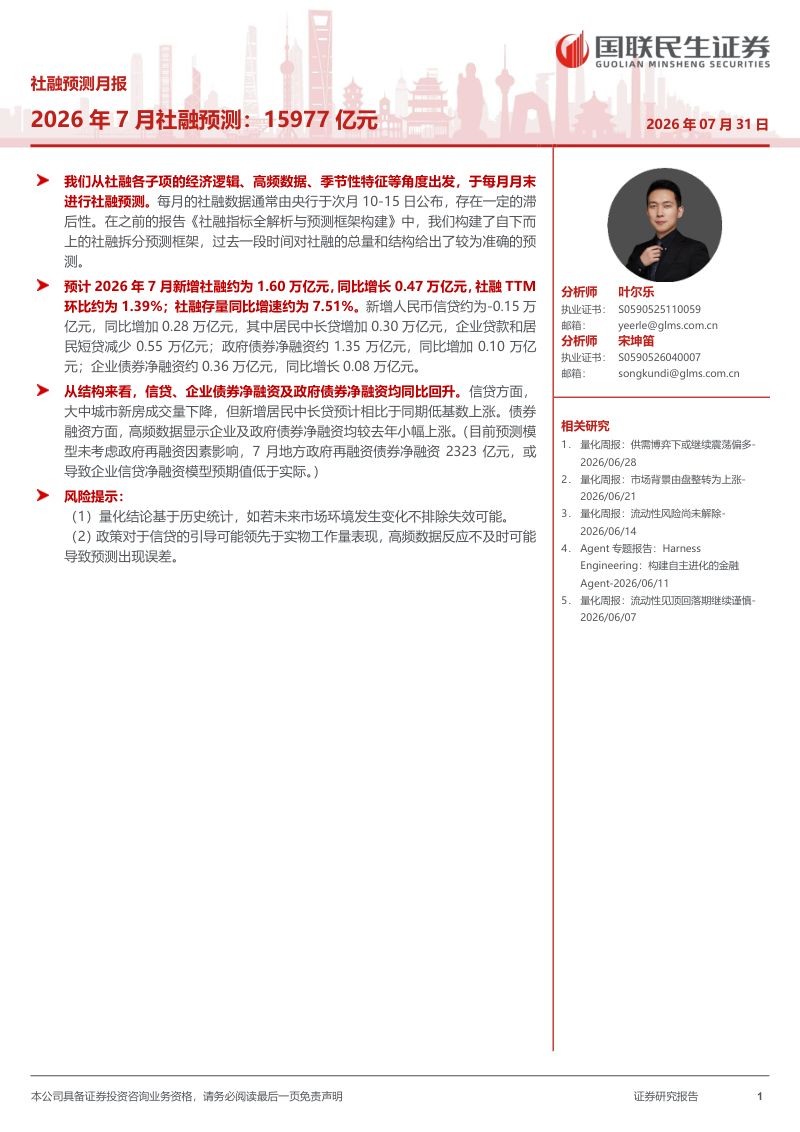 2026年7月社融预测:15977亿元