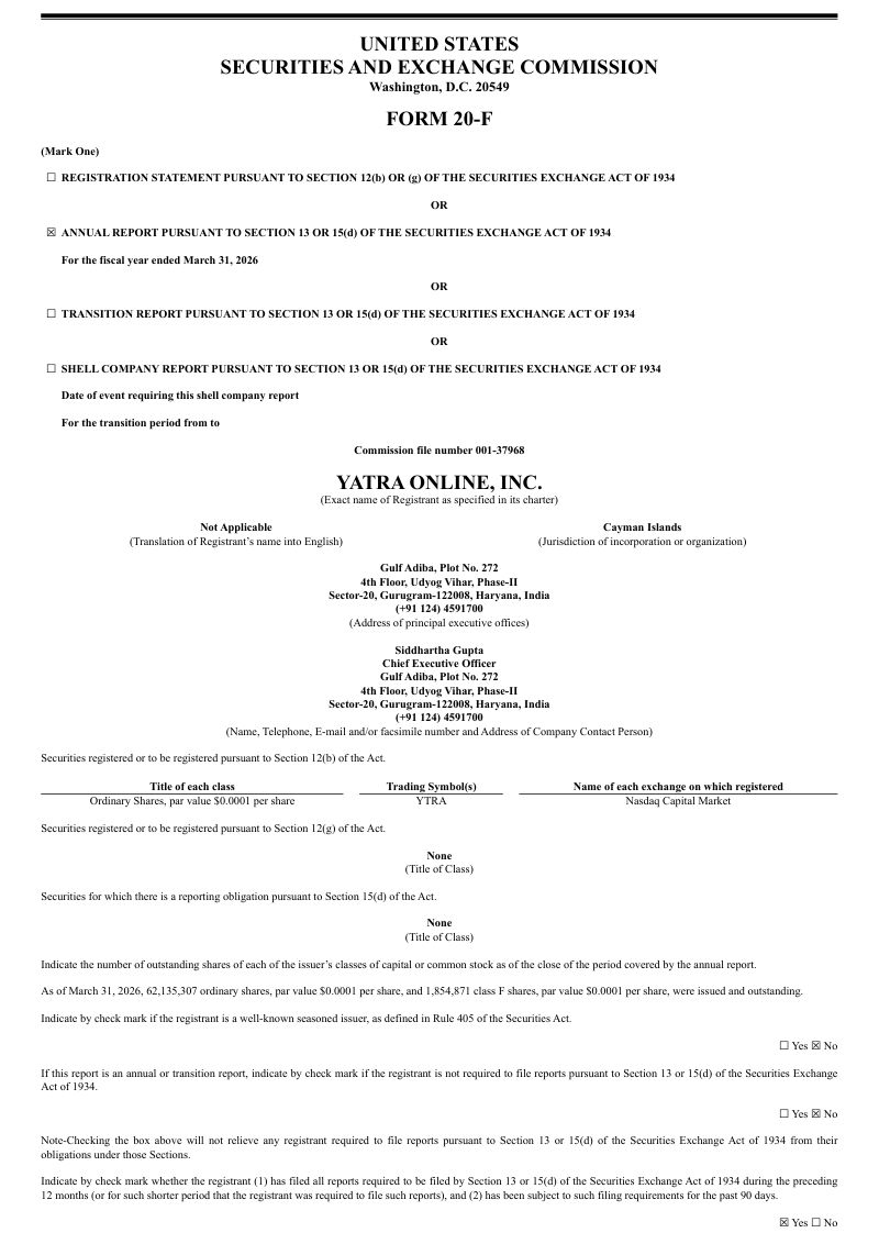 Yatra Online Inc 2026年年度报告和过渡报告