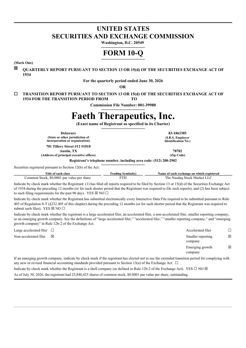 Faeth Therapeutics Inc 2026年季度报告