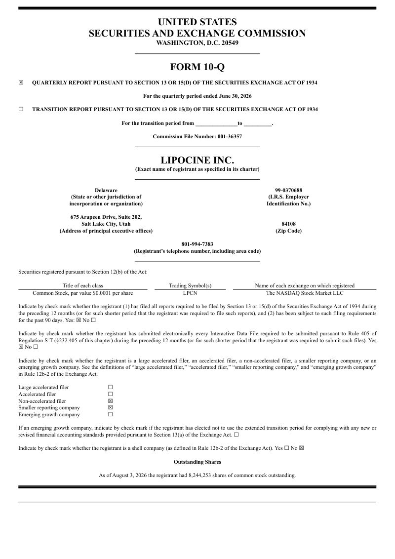 Lipocine Inc 2026年季度报告