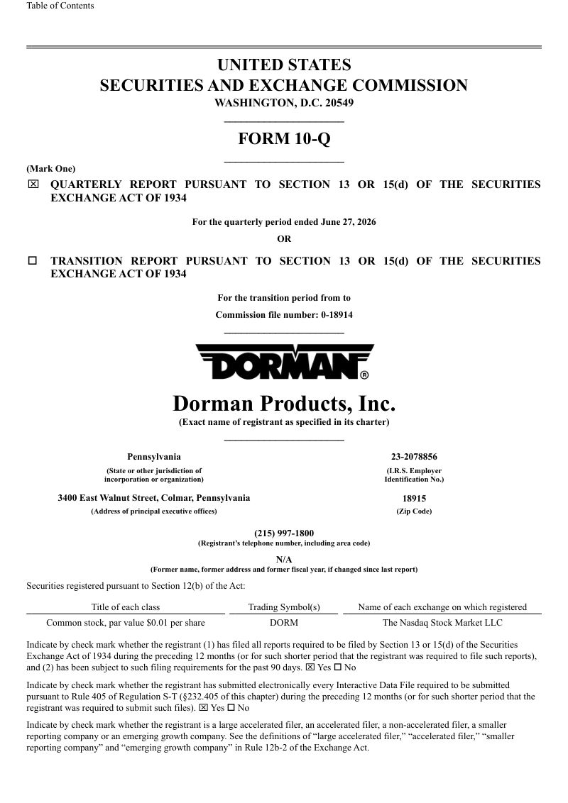 Dorman Products 2026年季度报告