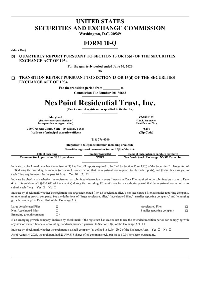 NexPoint Residential Trust Inc 2026年季度报告