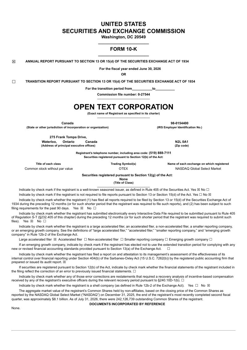 Open Text Corp 2025年度报告