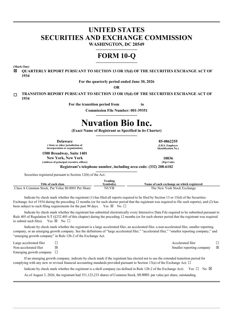 Nuvation Bio Inc-A 2026年季度报告