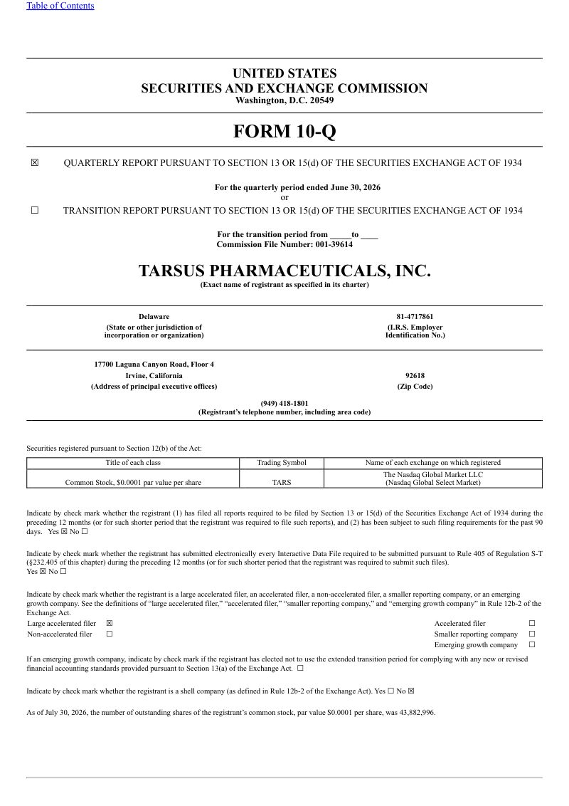 Tarsus Pharmaceuticals Inc 2026年季度报告