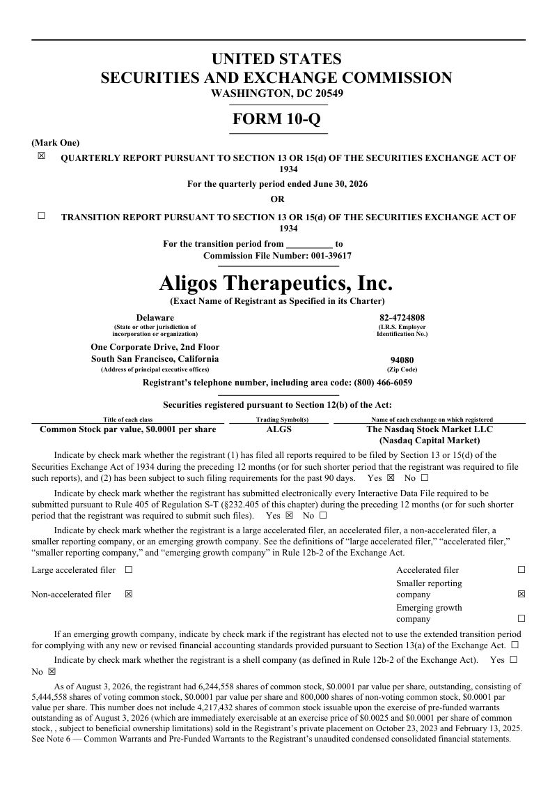 Aligos Therapeutics Inc 2026年季度报告