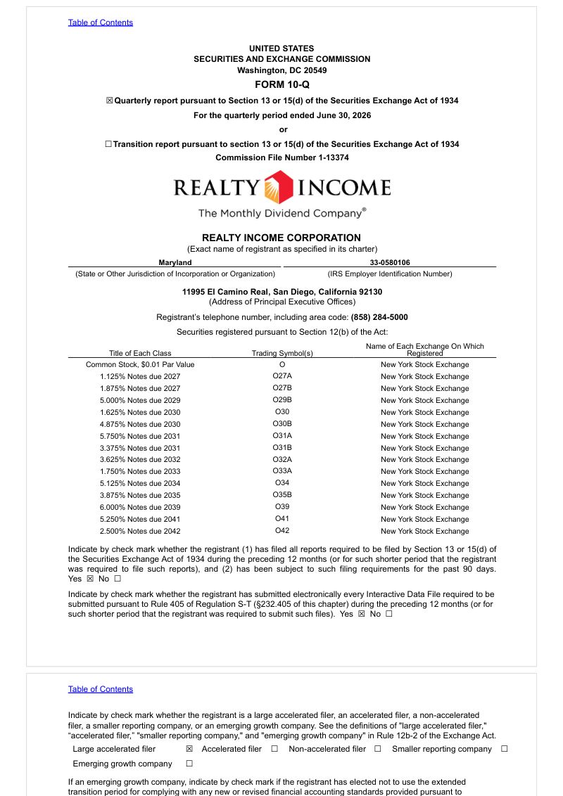 Realty Income 2026年季度报告