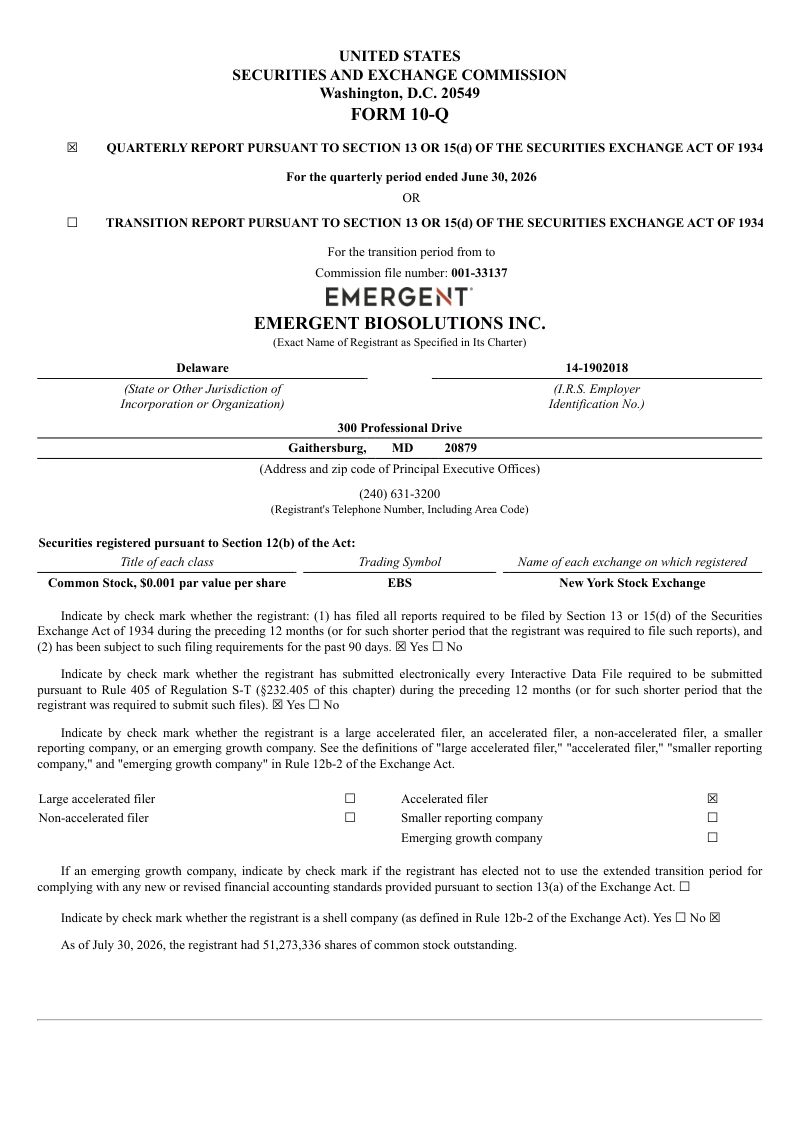 Emergent BioSolutions Inc 2026年季度报告