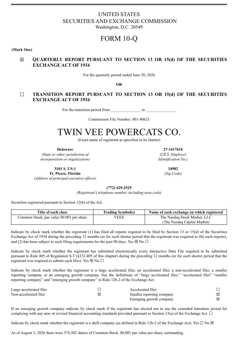 Twin Vee PowerCats Co 2026年季度报告