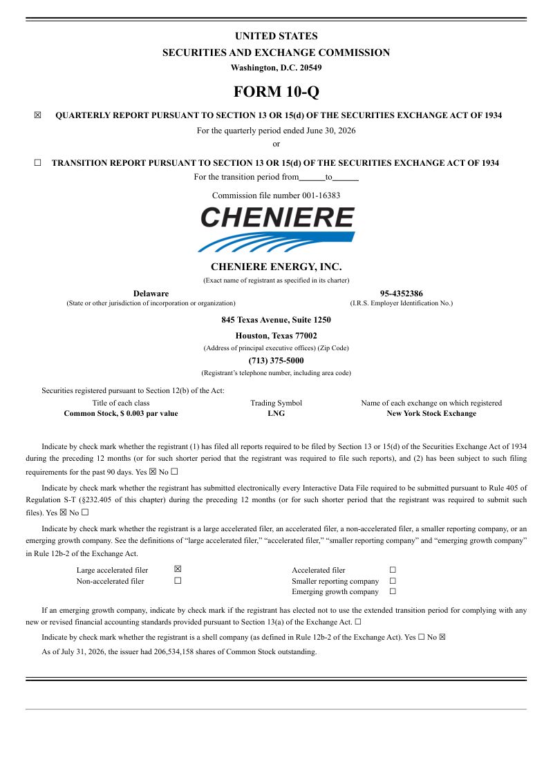 Cheniere Energy 2026年季度报告