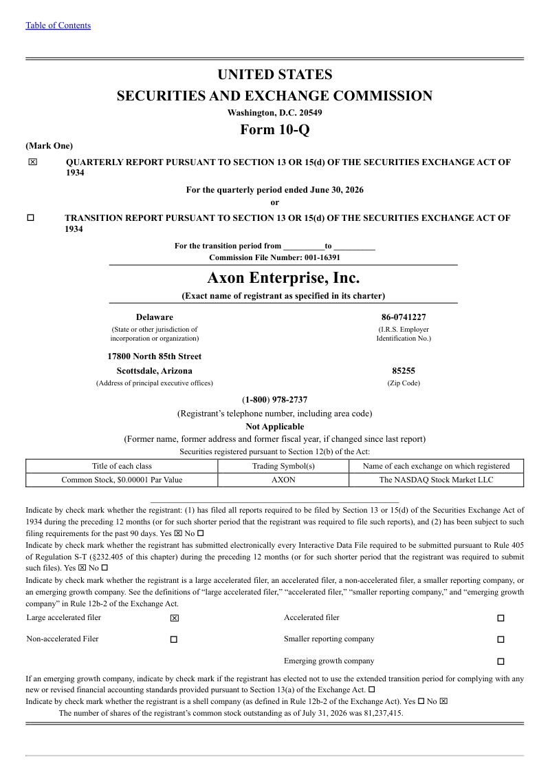 Axon Enterprise 2026年季度报告