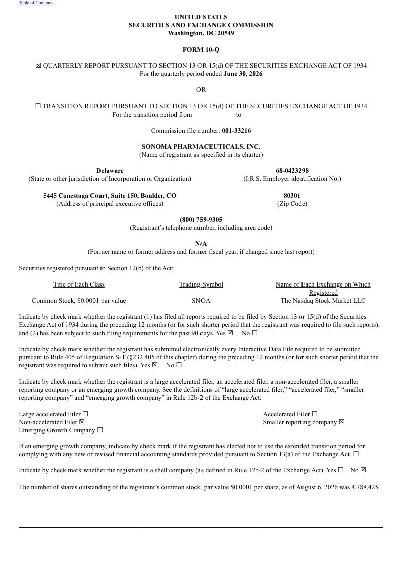 Sonoma Pharmaceuticals Inc 2026年季度报告