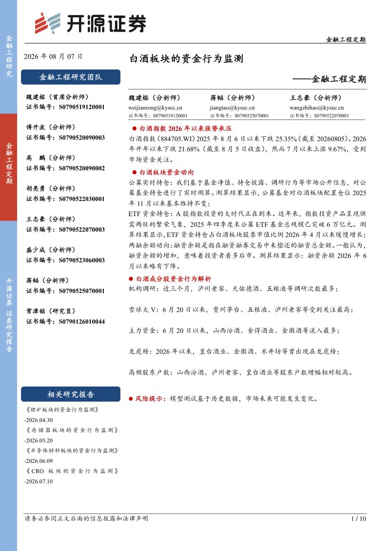 金融工程定期:白酒板块的资金行为监测