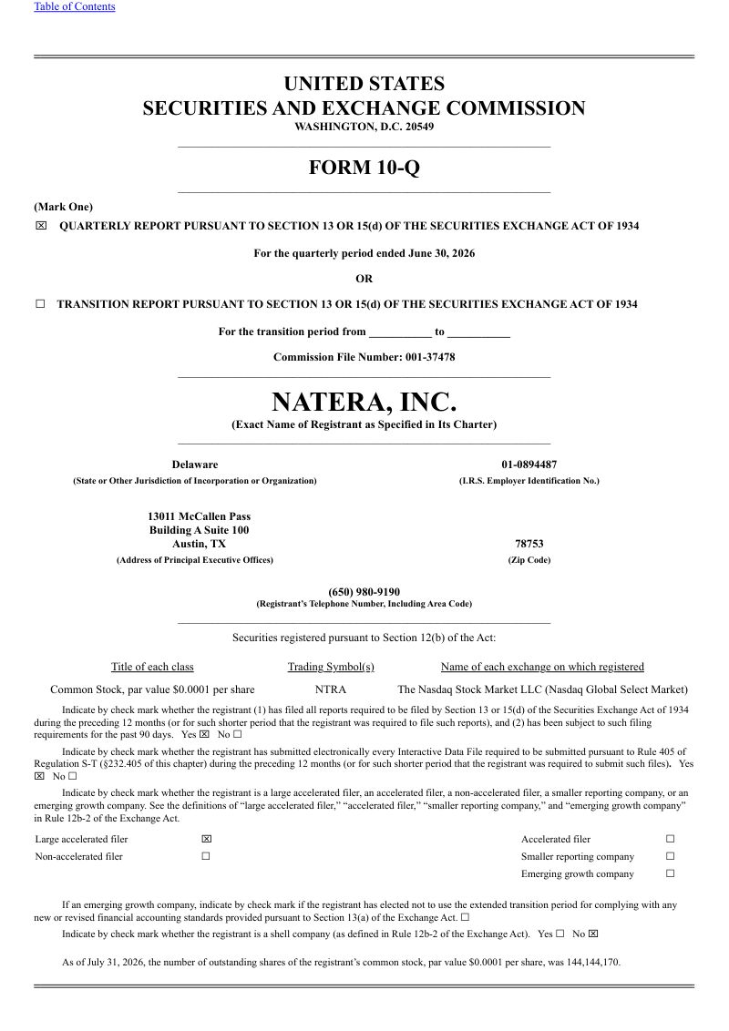 Natera 2026年季度报告