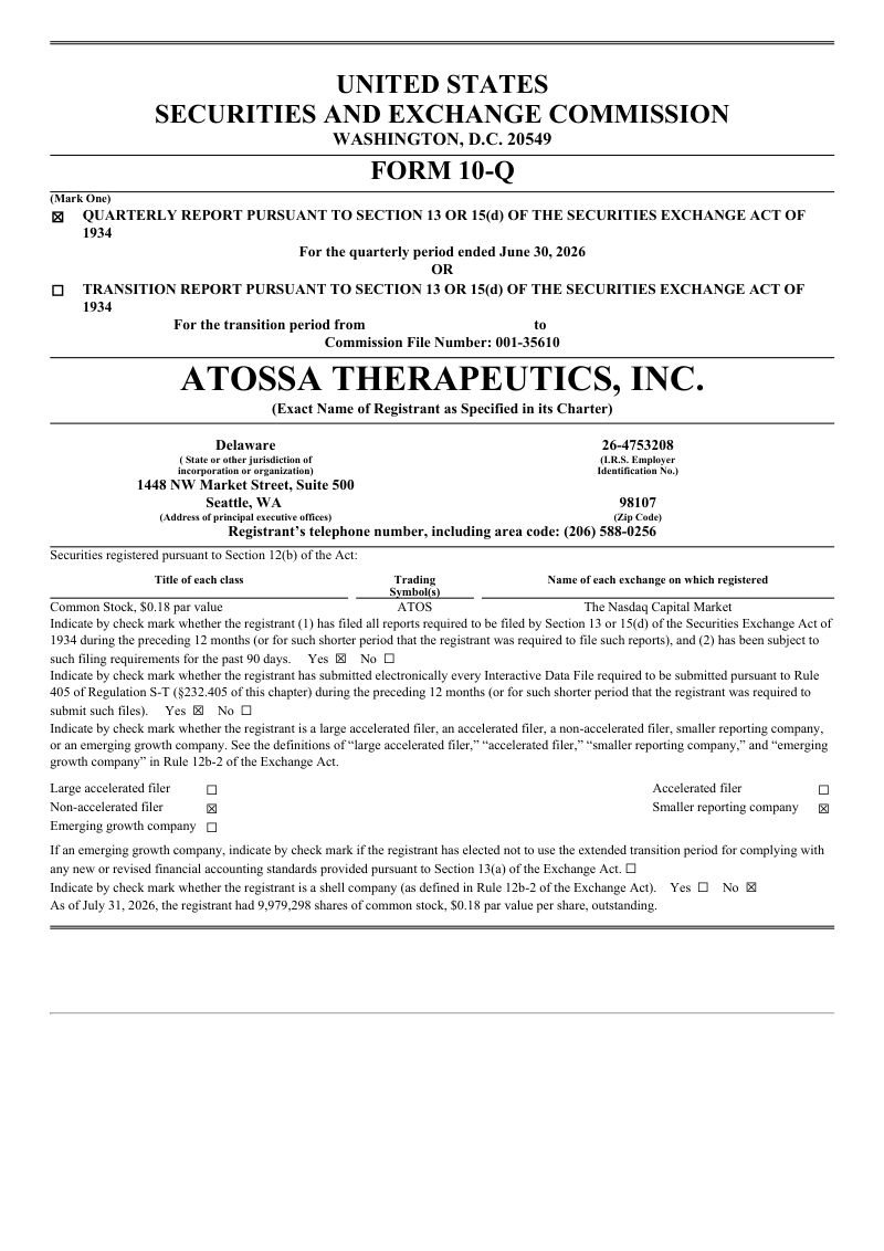 Atossa Therapeutics Inc 2026年季度报告