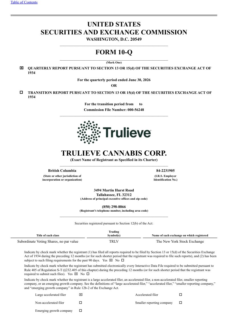 Trulieve Cannabis Corp 2026年季度报告