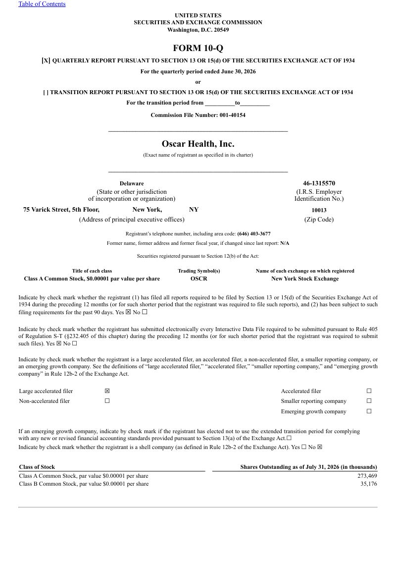 奥斯卡健康公司-A 2026年季度报告