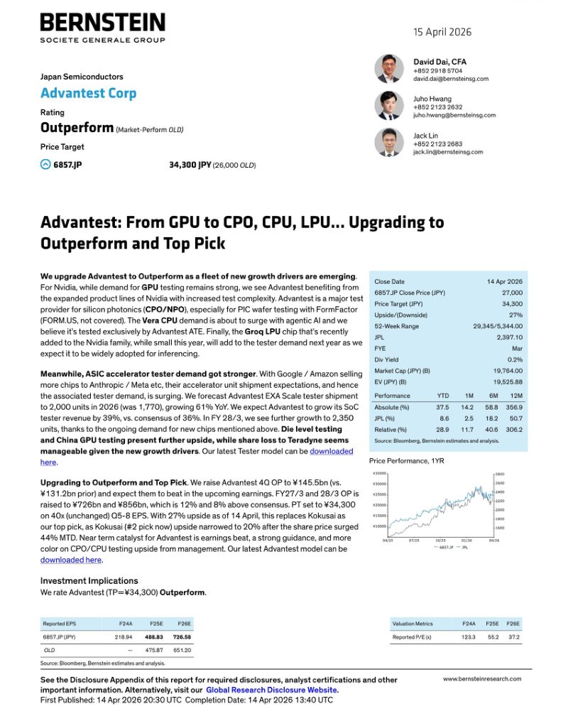 【伯恩斯坦】：爱德万测试：从GPU到CPO、CPU、LPU……上调至跑赢大盘及首选推荐
