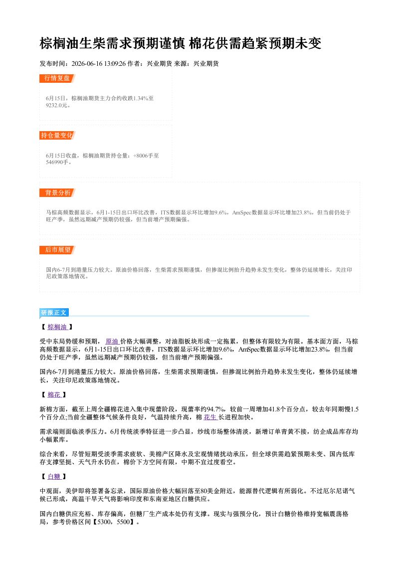 棕榈油生柴需求预期谨慎 棉花供需趋紧预期未变