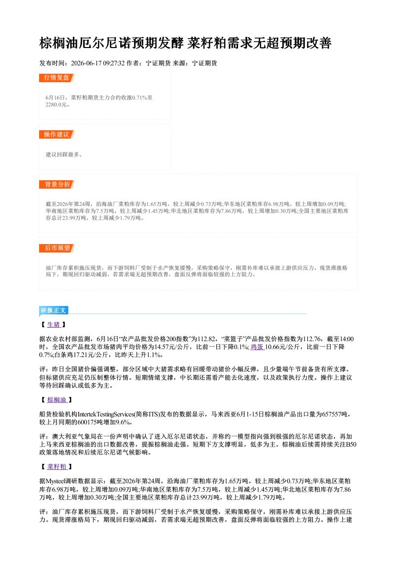 棕榈油厄尔尼诺预期发酵 菜籽粕需求无超预期改善