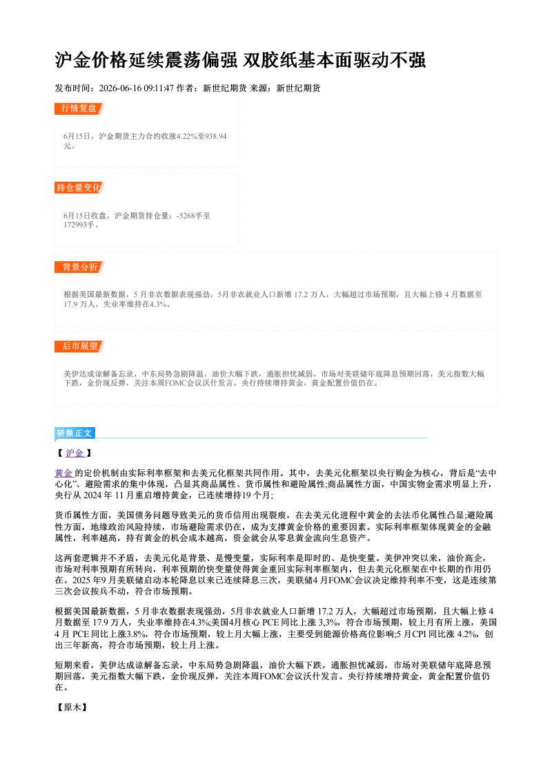 沪金价格延续震荡偏强 双胶纸基本面驱动不强