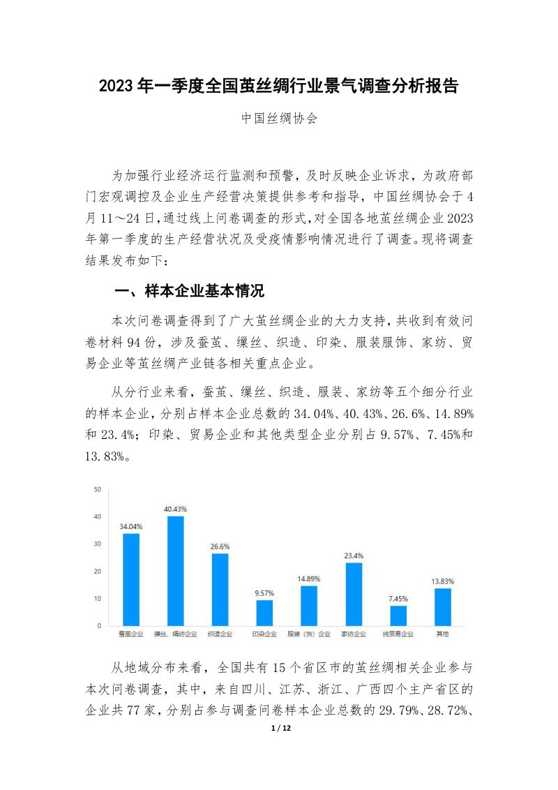 中国丝绸协会2023年一季度全国茧丝绸行业景气调查分析报告12页