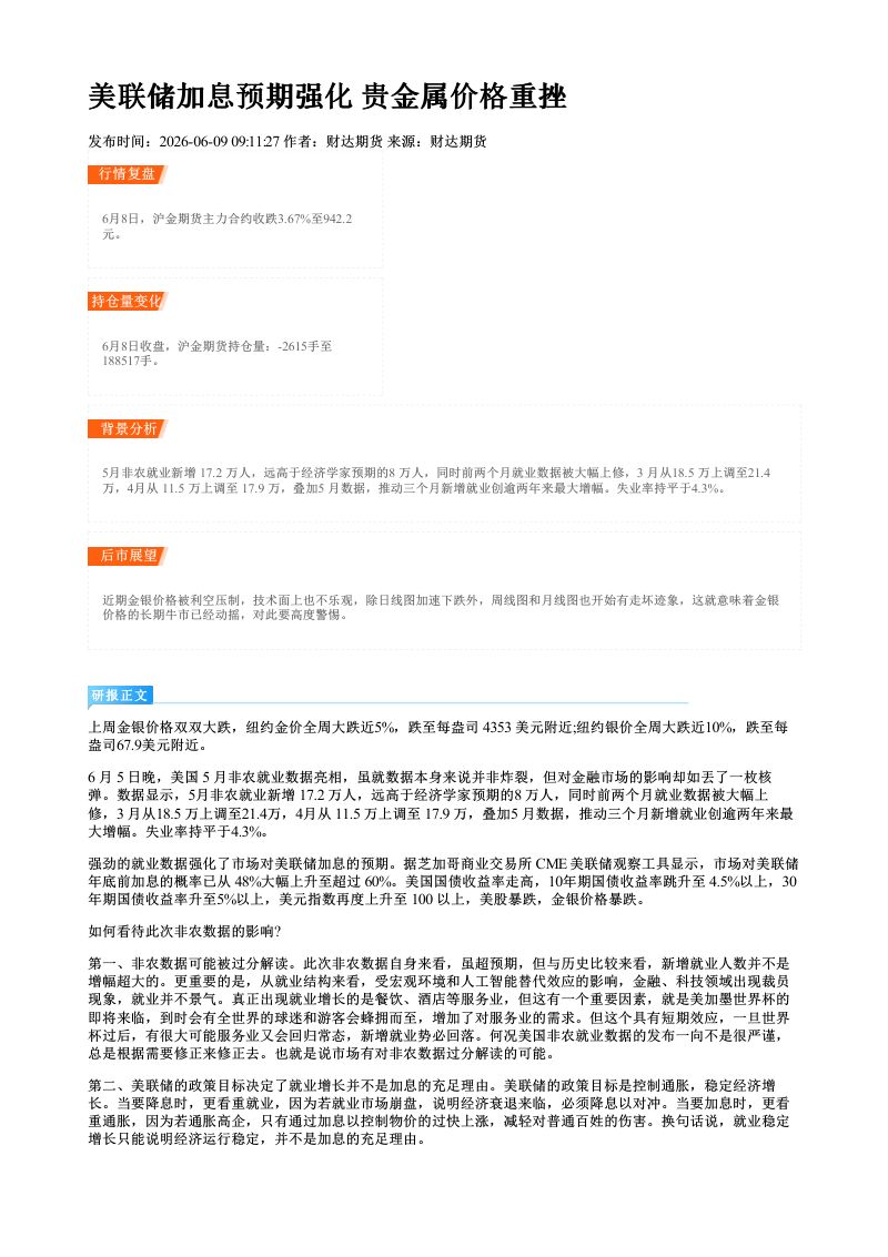 美联储加息预期强化 贵金属价格重挫