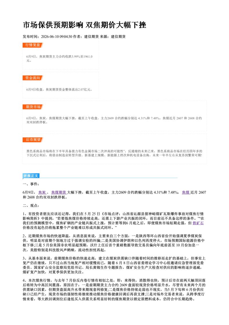 市场保供预期影响 双焦期价大幅下挫