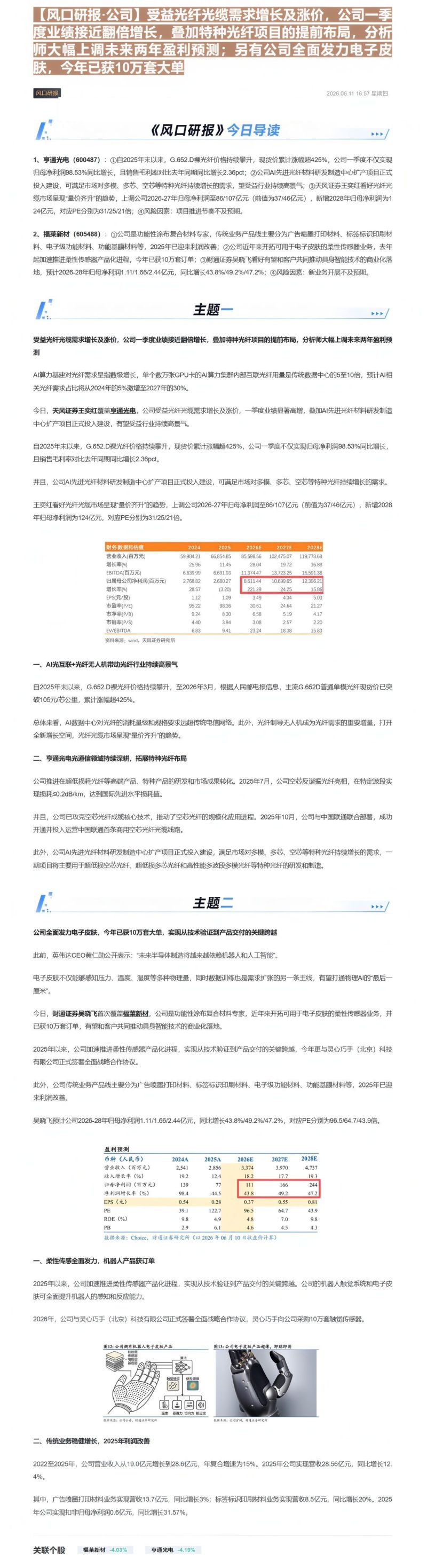 【风口研报·公司】受益光纤光缆需求增长及涨价,公司一季度业绩接近翻倍增长,叠加特种光纤项目的提前布局,分析师大幅上调未来两年盈利预测;