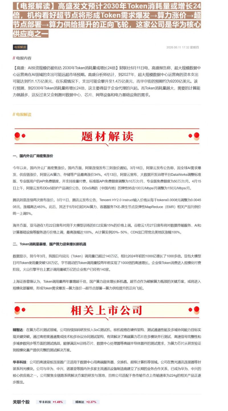 【电报解读】高盛发文预计2030年Token消耗量或增长24倍，机构看好超节点将形成Token需求爆发→算力涨价→超节点部署→算力供给提升的正向飞轮，这家