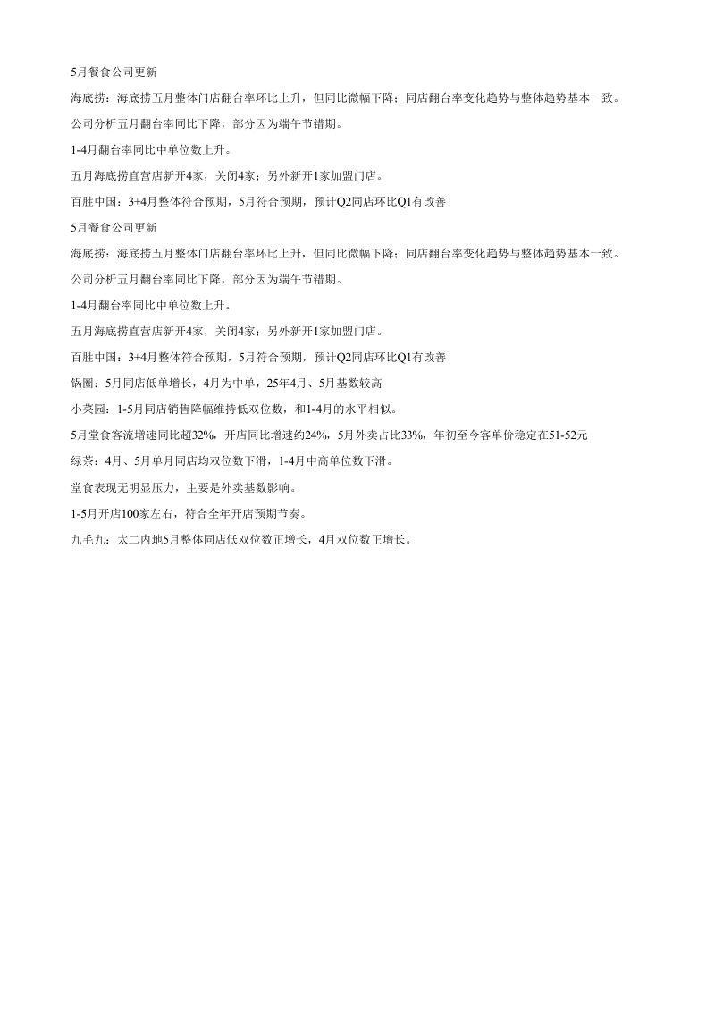 5月餐食公司更新海底捞海底捞五月整体门店翻台率环比上升但同比