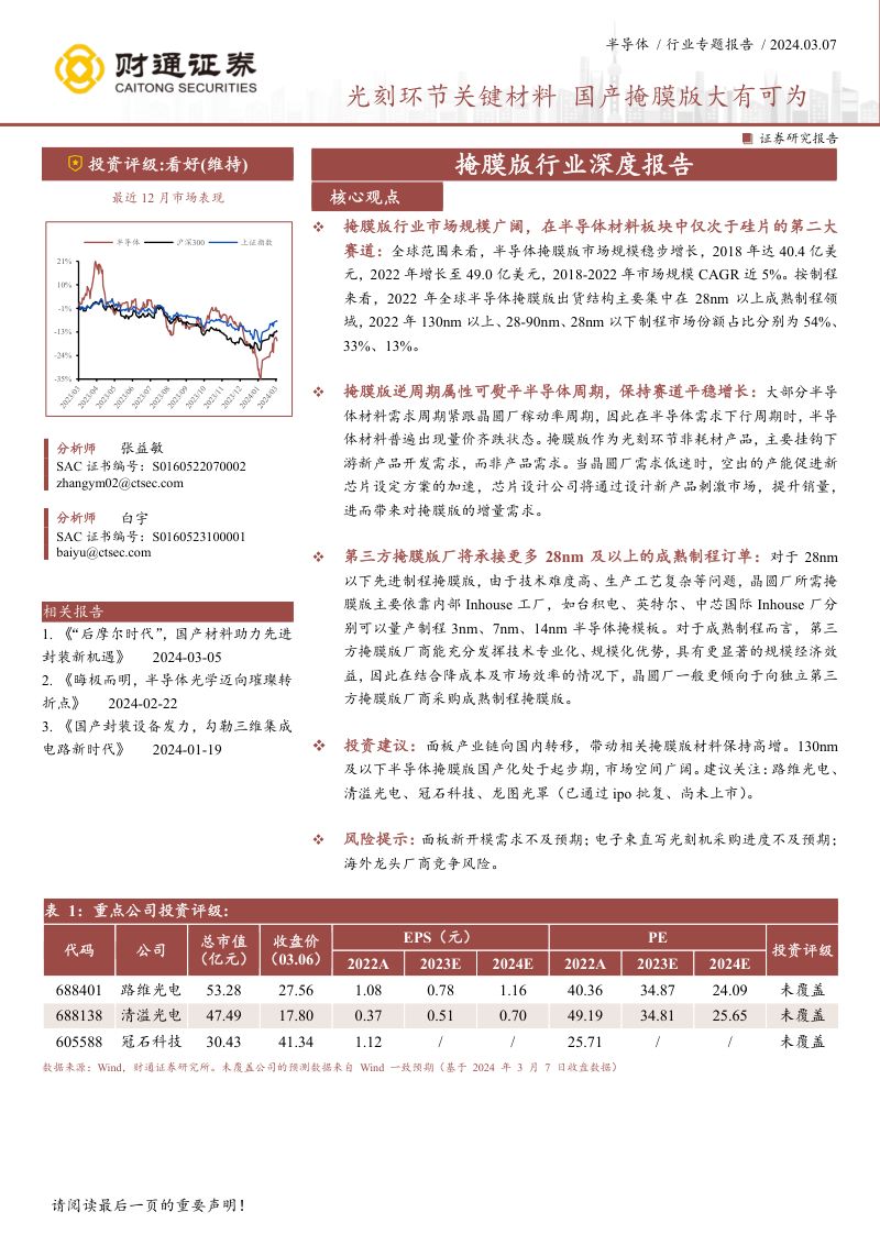 掩膜版行业深度报告:光刻环节关键材料国产掩膜版大有可为-240307(31页)