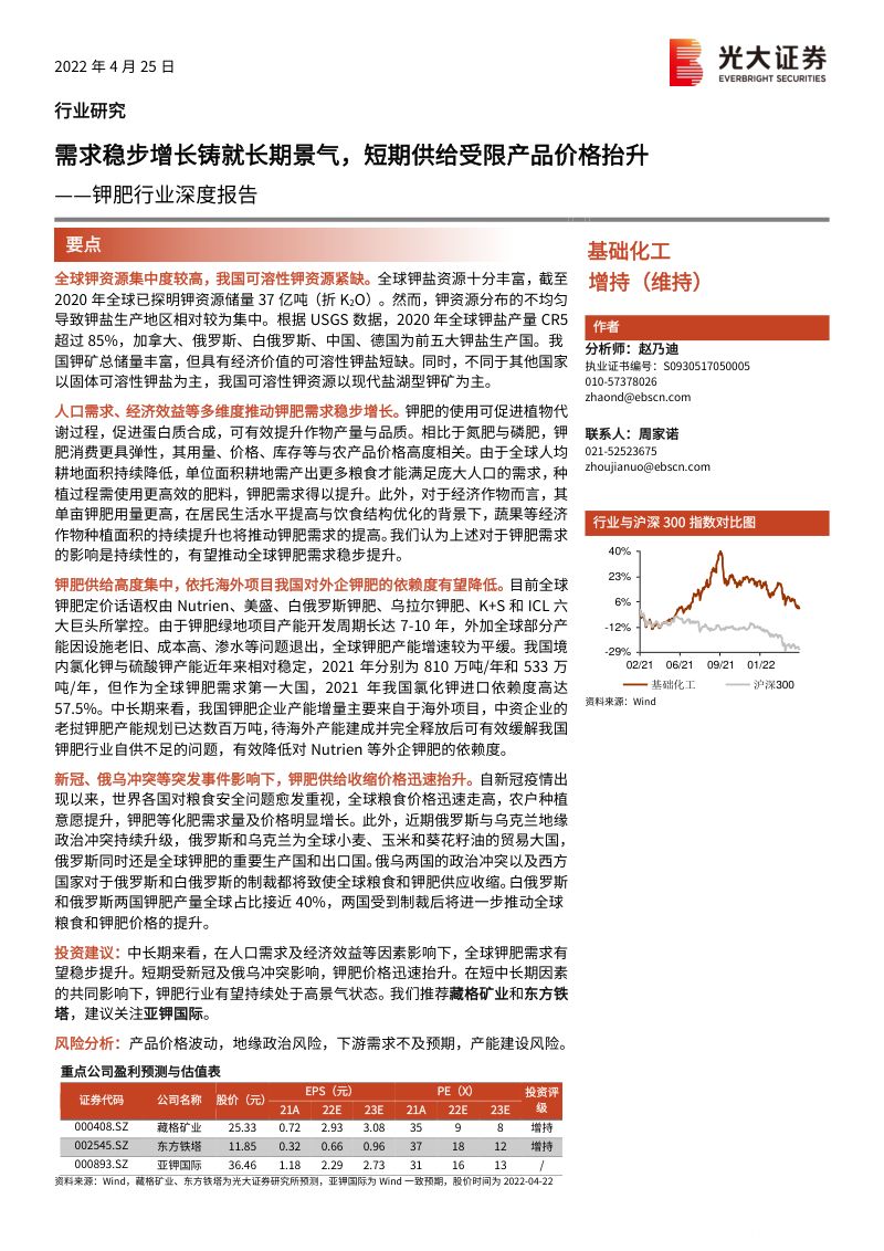 钾肥行业深度报告需求稳步增长铸就长期景气短期供给受限产品价格抬升-22042540页