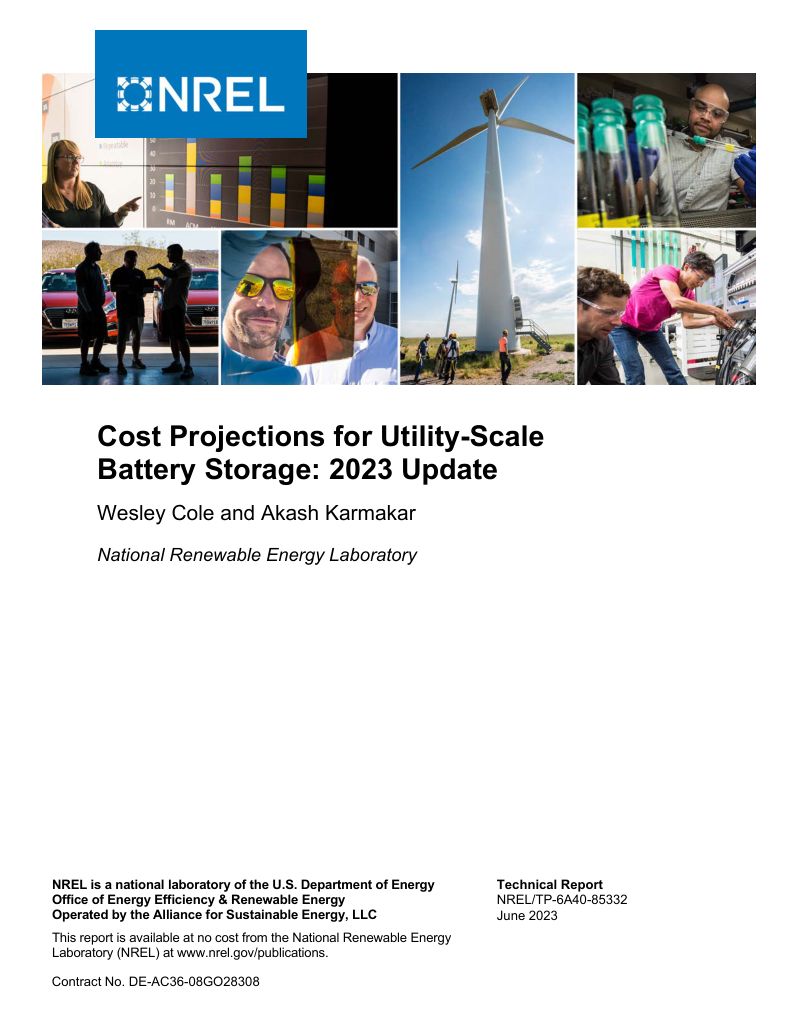【NREL】公用事业规模电池储能成本预测-2023年更新