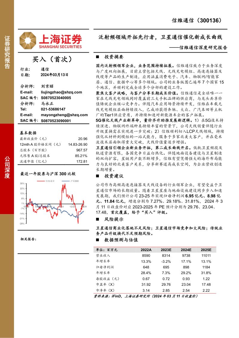 【上海证券】信维通信深度研究报告:泛射频领域开拓先行者,卫星通信催化新成长曲线