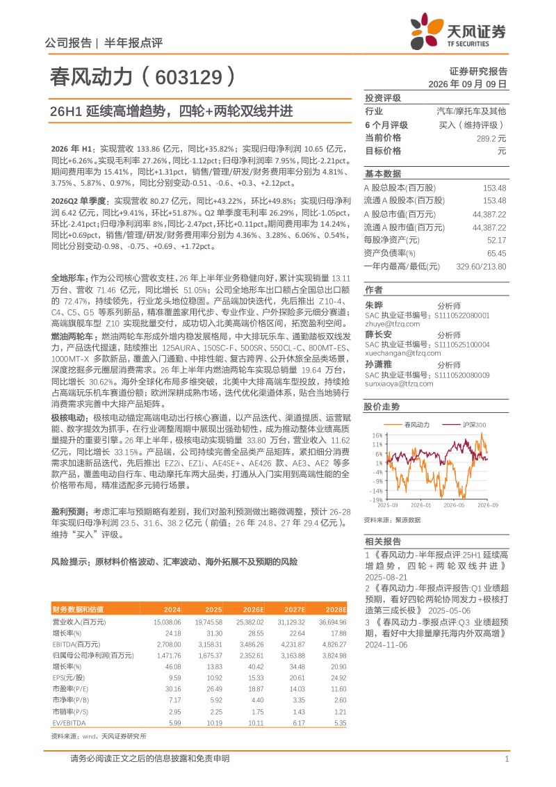 【天风证券】春风动力(603129)-26H1延续高增趋势四轮+两轮双线并进-260910