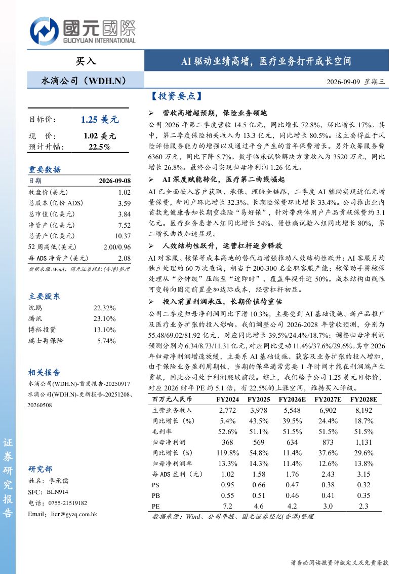 【国元国际】水滴公司(WDH.US):AI驱动业绩高增医疗业务打开成长空间-260911